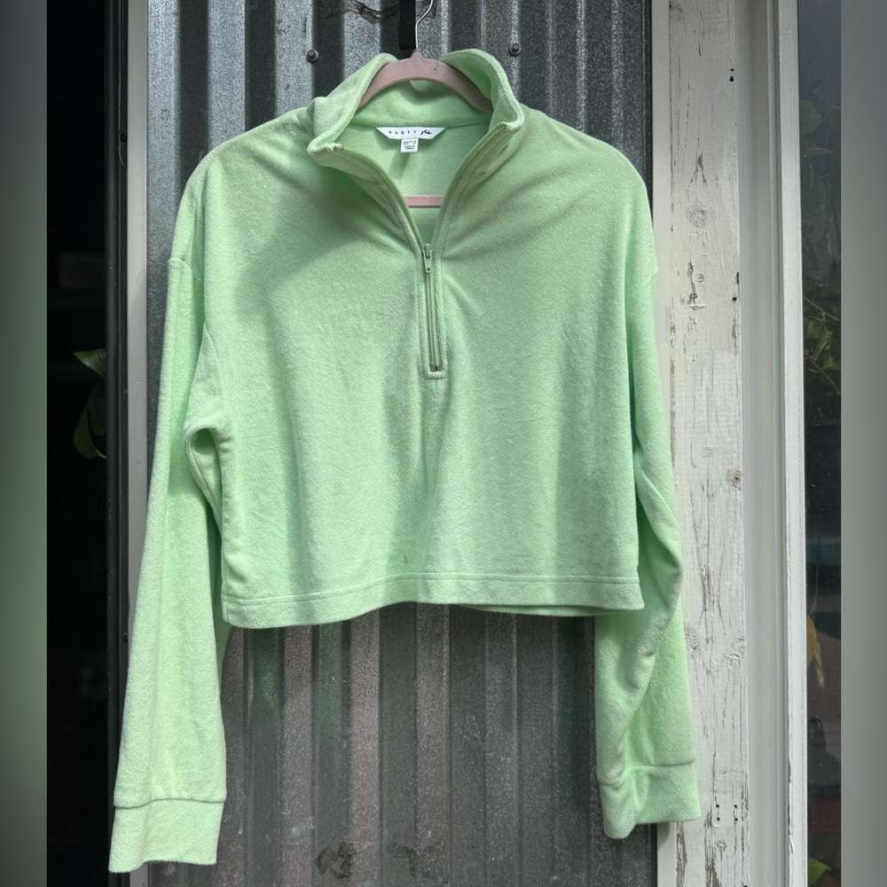 Rusty Light Green Half Zip Terrycloth Cropped Jacket